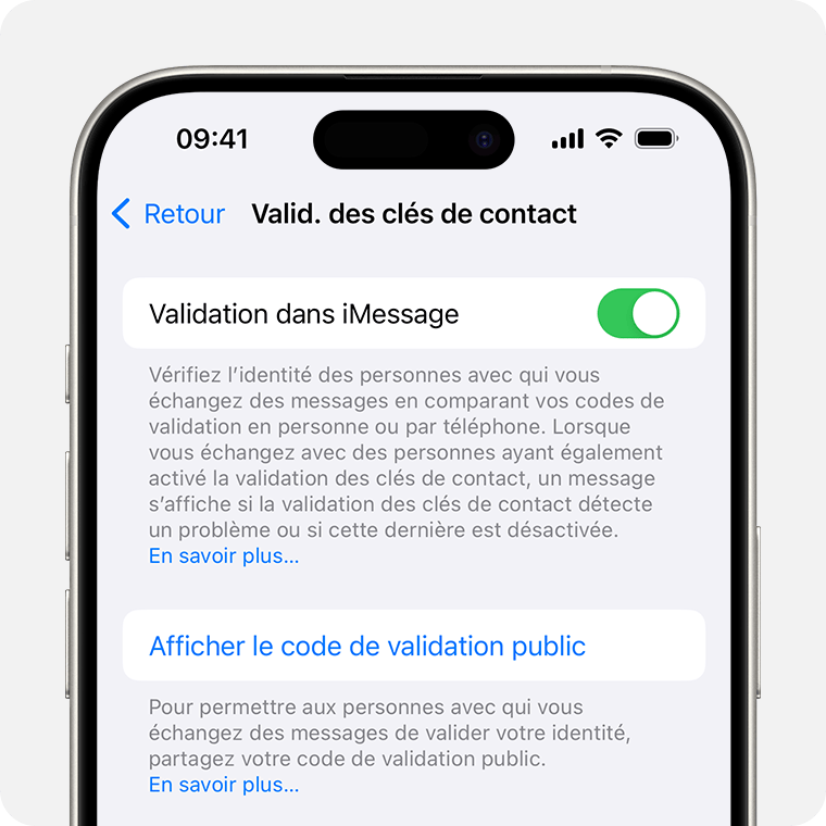 Dans les réglages de la validation des clés de contact, touchez Afficher le code de validation public pour partager votre code public.