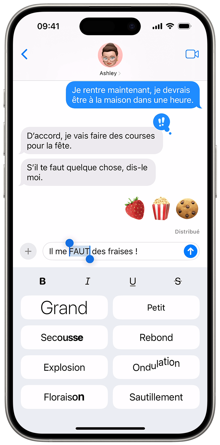 Dans iOS 18, vous pouvez ajouter des options de formatage à vos messages, comme l'italique ou du texte qui tremble.