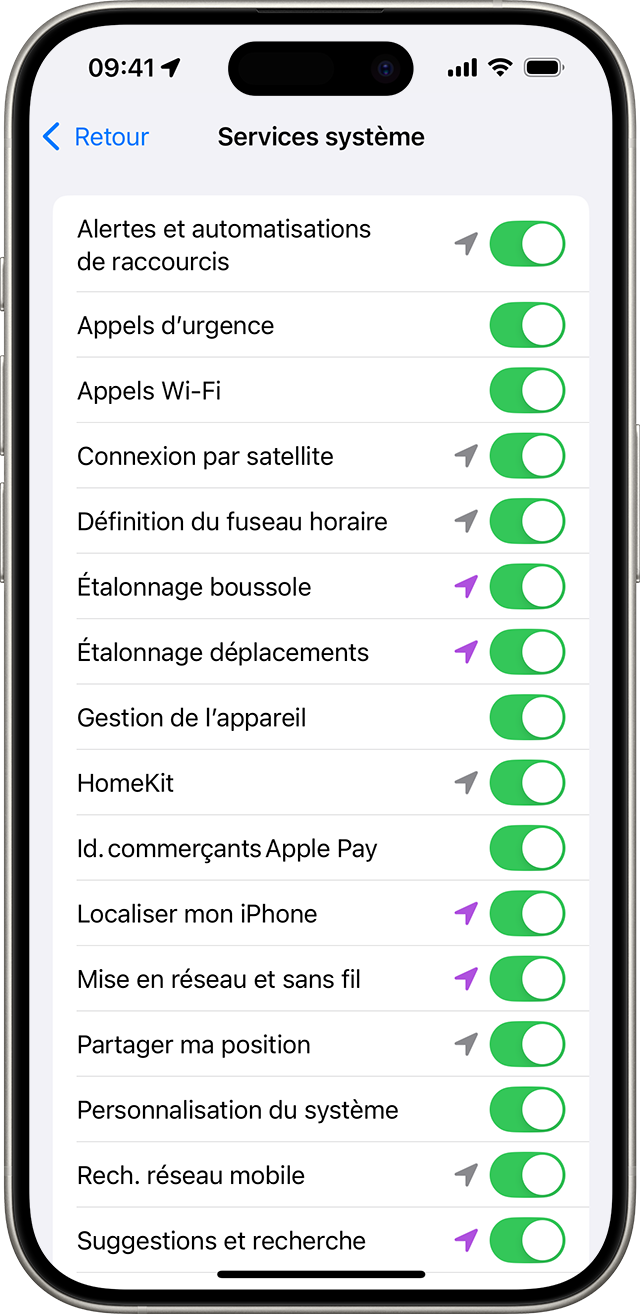 Réglage Services système sur un iPhone