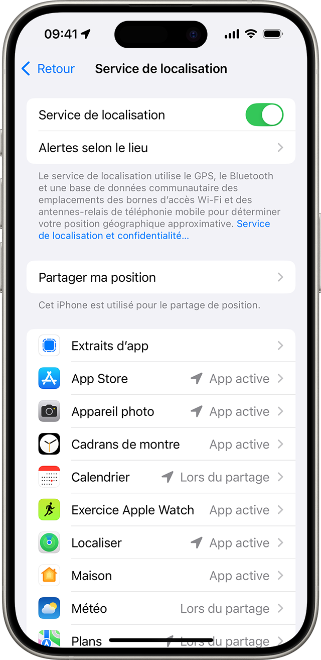 Réglage Service de localisation sur un iPhone