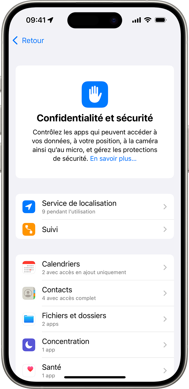 Écran des réglages Confidentialité et sécurité sur un iPhone