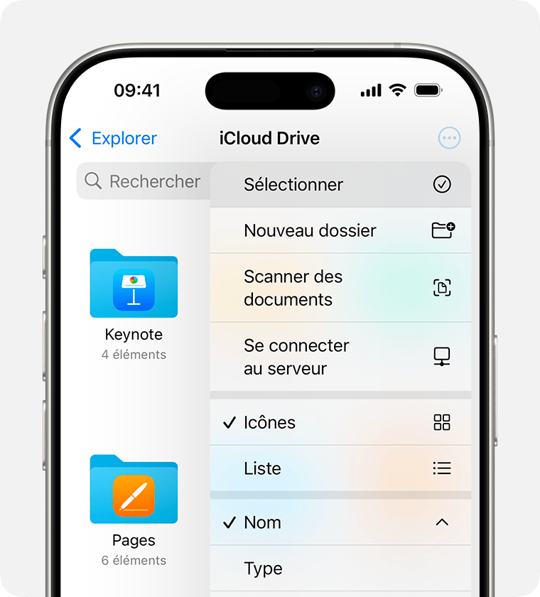 Les options d’iCloud Drive affichées sont Sélectionner, Nouveau dossier, Scanner des documents, Se connecter au serveur, Icônes, Liste, Nom, Type et Date.