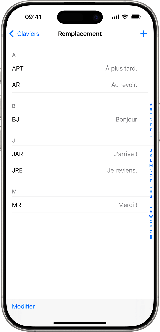 Le remplacement de texte sous iOS permet d’utiliser n’importe quelle combinaison de lettres pour saisir rapidement une phrase complète.