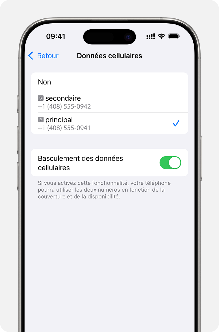 Réglages Données cellulaires d’un iPhone permettant de définir la ligne qui utilisera les données cellulaires, avec l’option Autoriser le basculement des données cellulaires.