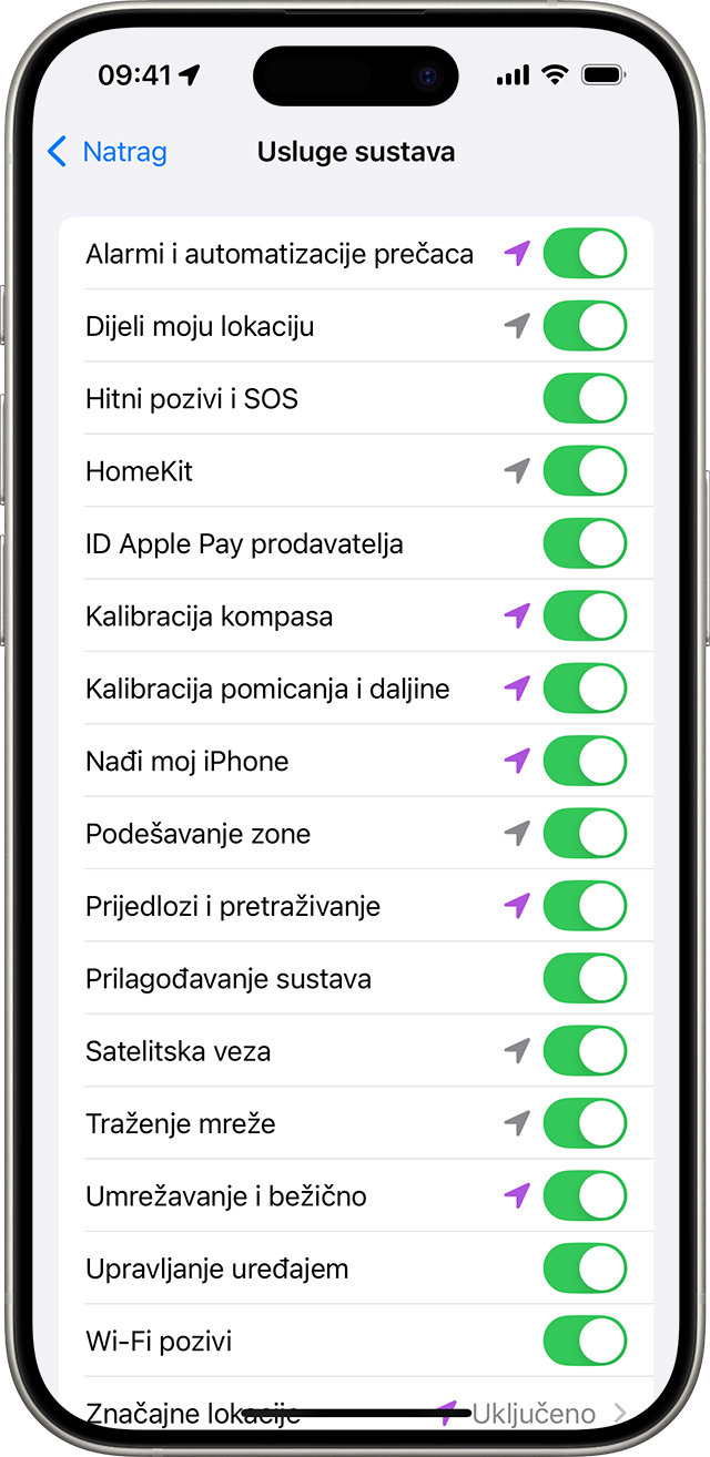 Postavka Usluge sustava na iPhone uređaju