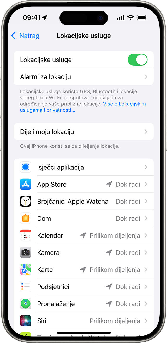 Postavka lokacijskih usluga na iPhone uređaju