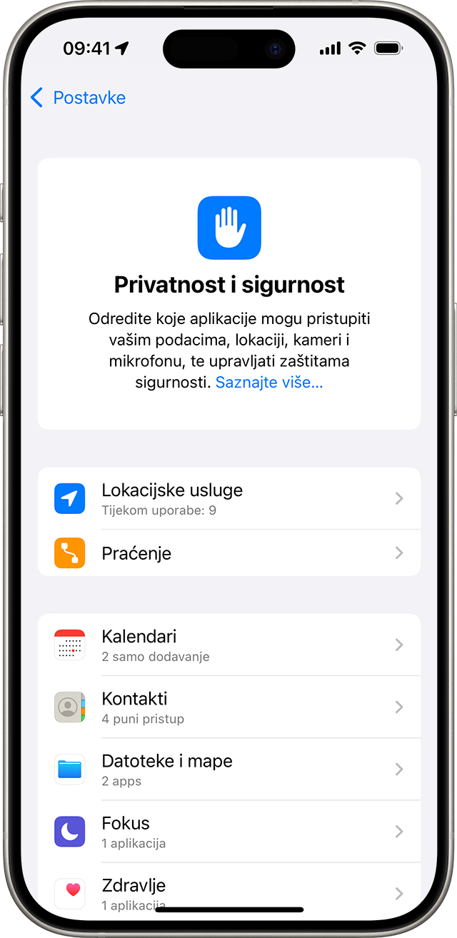 Zaslon postavki Privatnost i sigurnost na iPhone uređaju