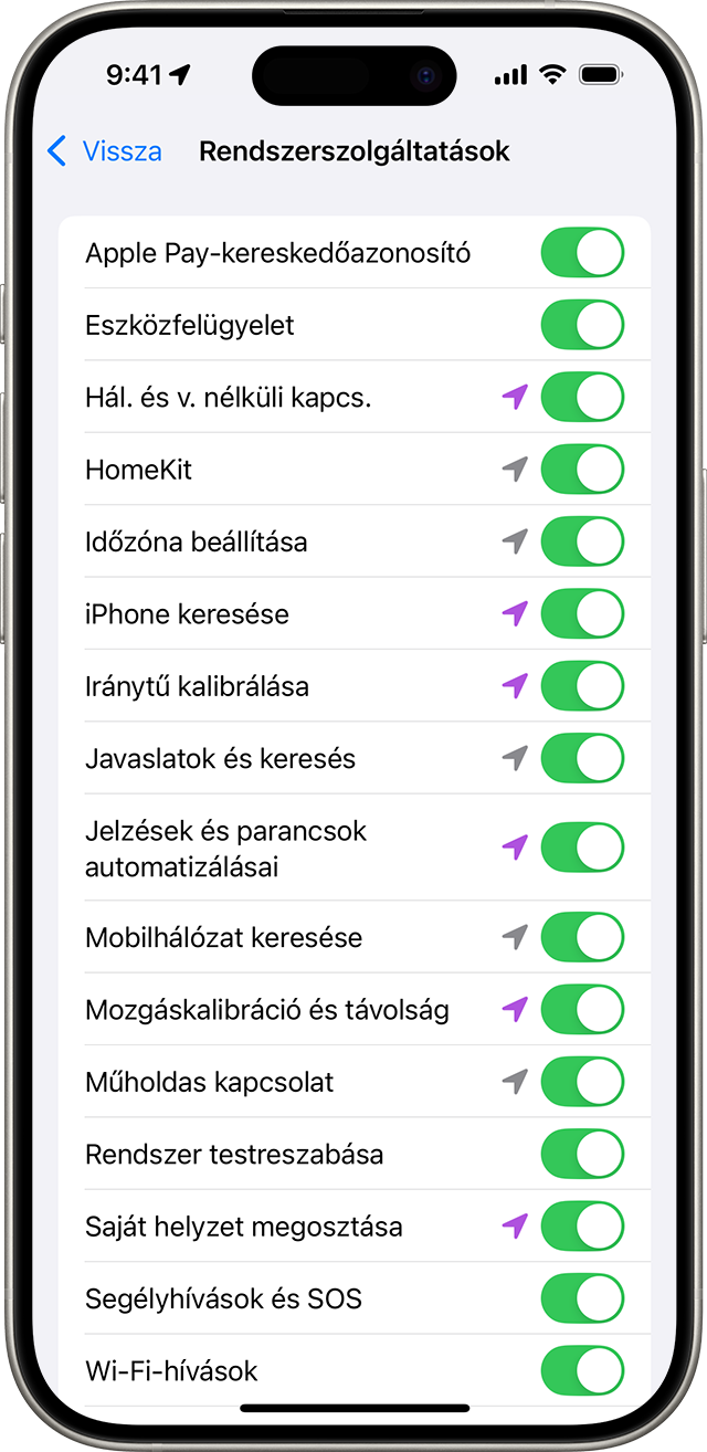 A Rendszerszolgáltatások képernyő egy iPhone-on