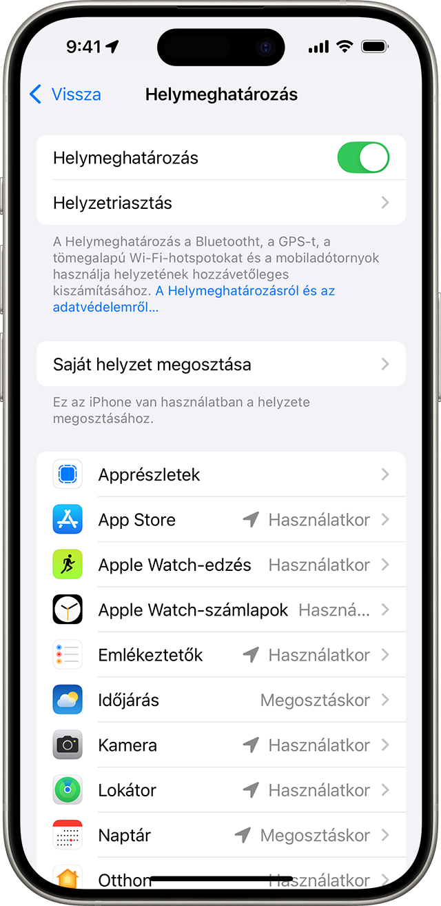 A Helymeghatározás beállítás egy iPhone-on