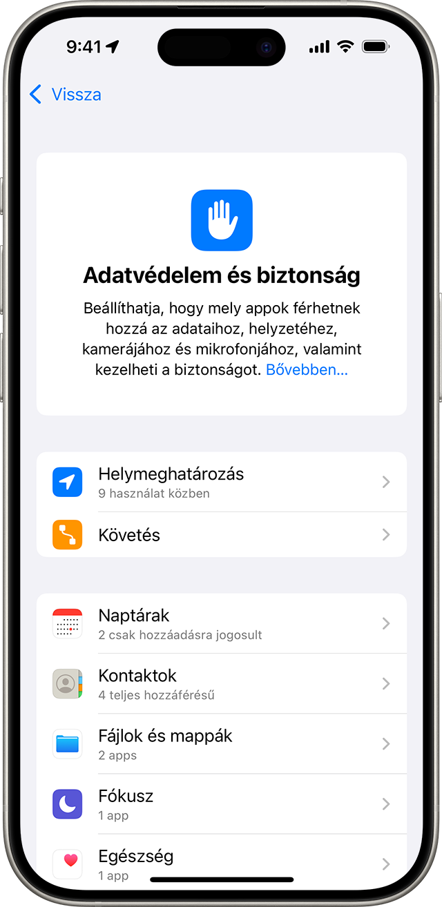 Az Adatvédelem és biztonság beállítási képernyő iPhone-on