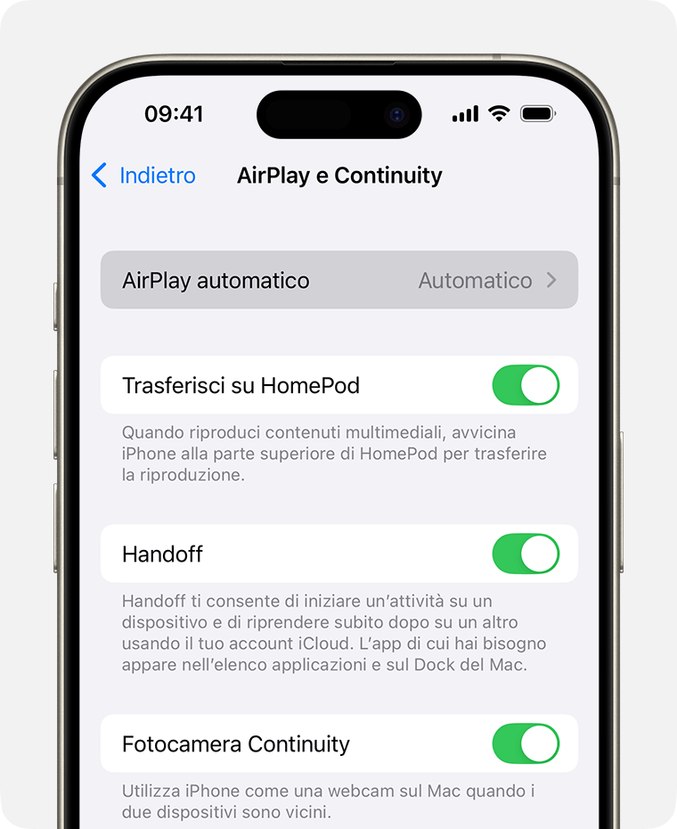 Automatico è selezionato per AirPlay automatico sullo schermo AirPlay e Handoff su iPhone