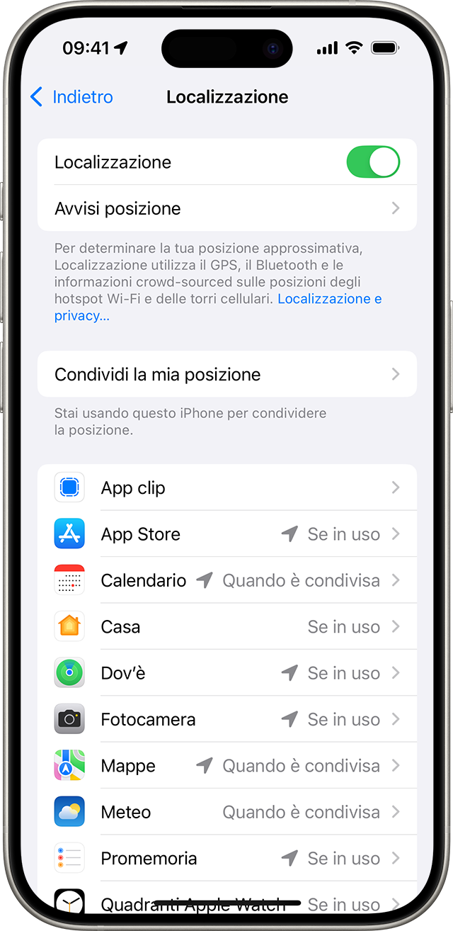 Impostazione della funzione Localizzazione su iPhone