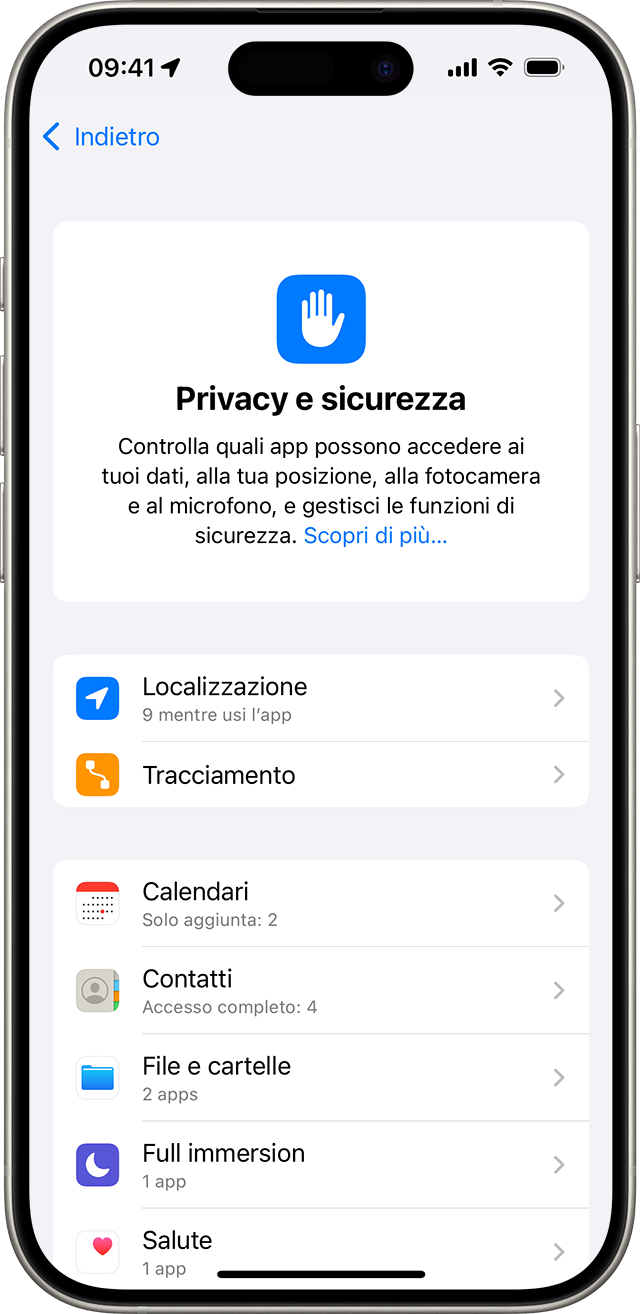 Schermata delle impostazioni su privacy e sicurezza in un iPhone