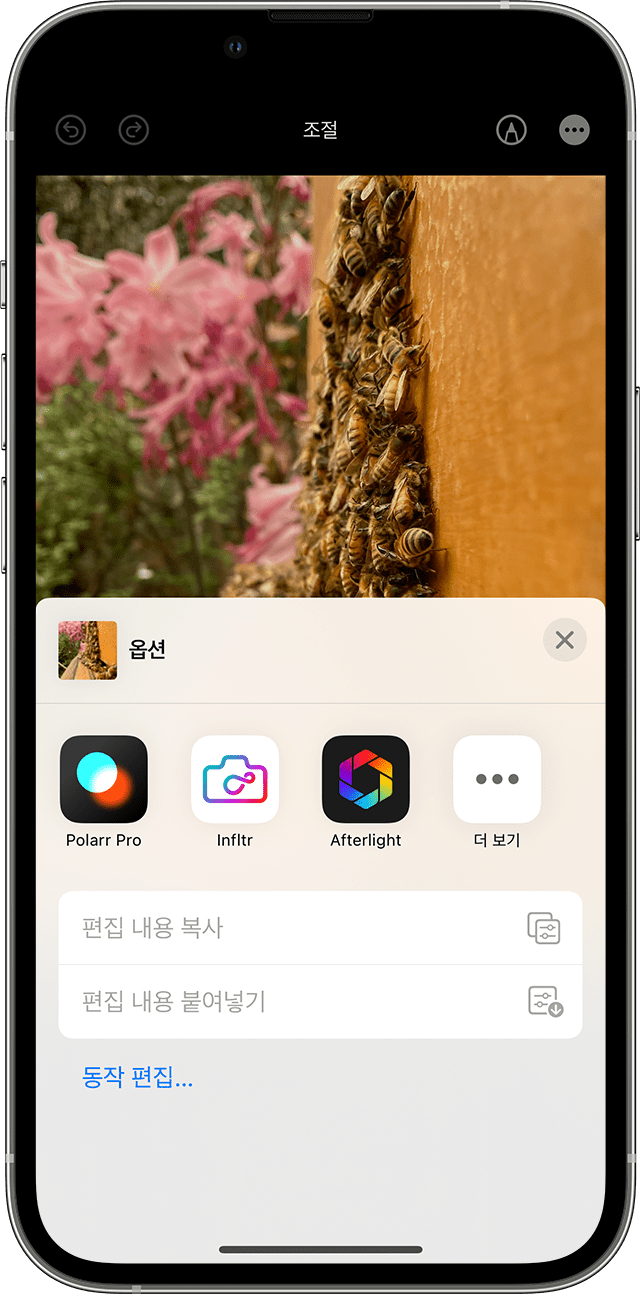 iOS 16이 설치된 iPhone 13 Pro 사진 앱의 편집, 더 보기 옵션