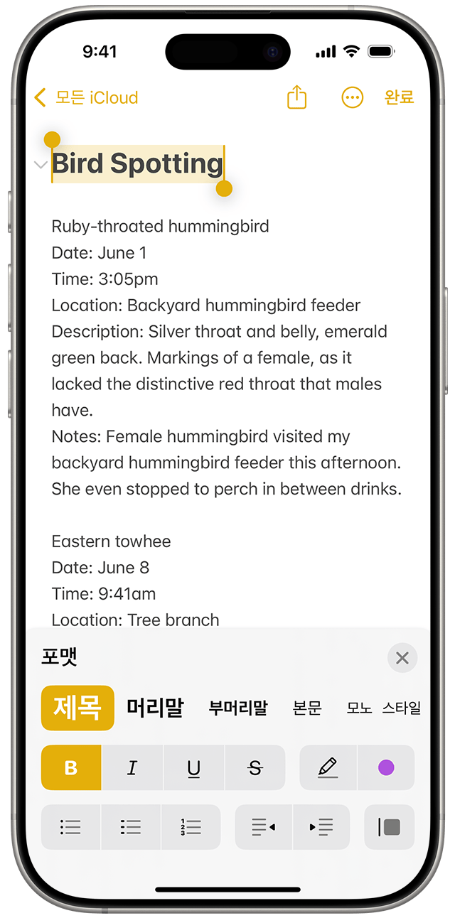 iOS 18의 메모 앱에서 텍스트를 강조 표시한 다음 포맷 버튼을 탭하면 이탤릭체 또는 머리말 스타일 같은 옵션이 표시됩니다.