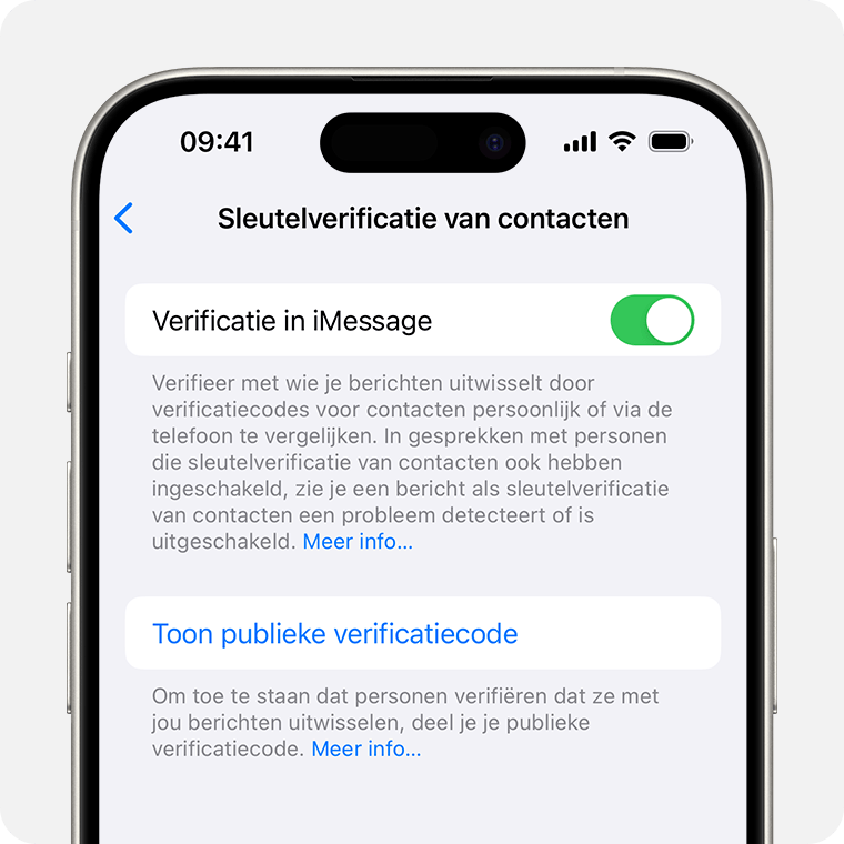 Tik in de instellingen voor 'Sleutelverificatie van contacten' op 'Toon publieke verificatiecode' om je openbare code te delen.