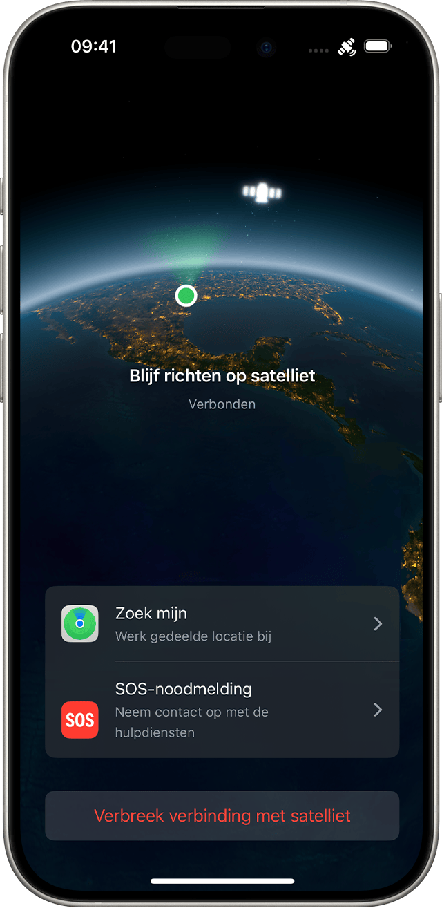 De Verbindingsassistent op de iPhone, verbonden met een satelliet. Knoppen voor verzenden en ontvangen van berichten, 'Zoek mijn' gebruiken, pechhulp aanvragen en contact opnemen met de hulpdiensten worden in de app aangegeven.