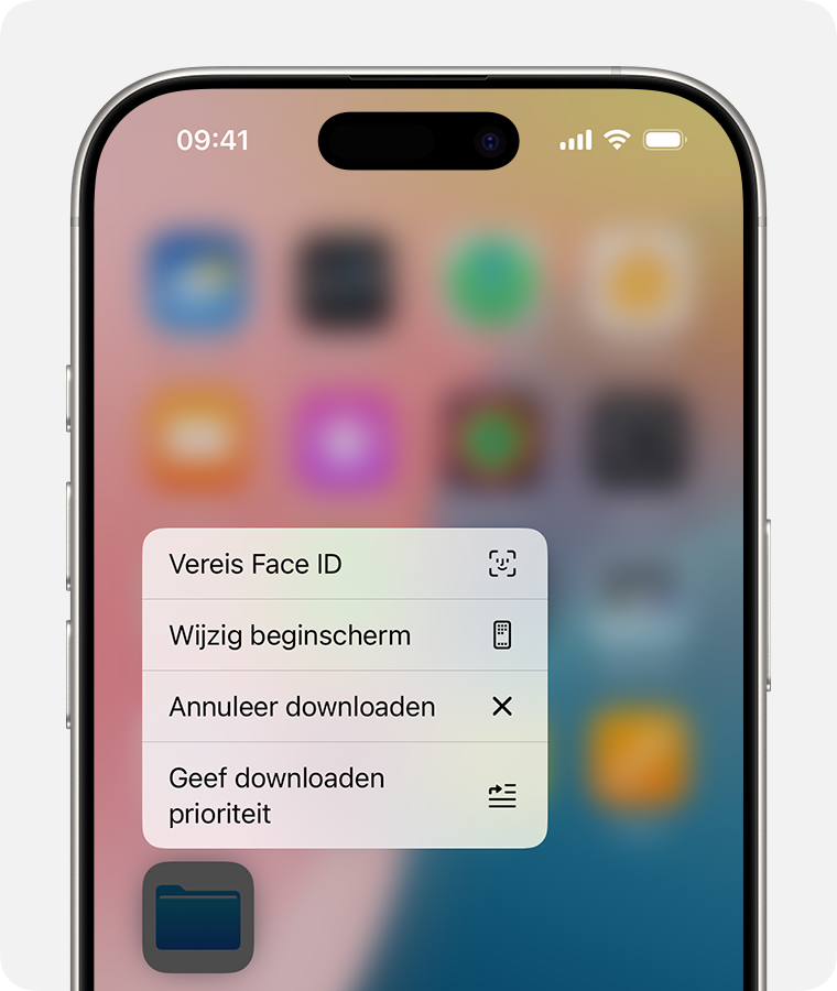 Het scherm van een iPhone met een downloadmenu voor apps. 'Geef downloaden prioriteit' is een optie in het menu.