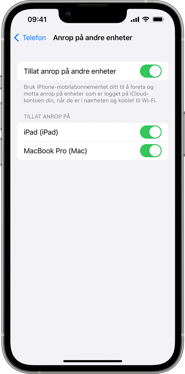 En iPhone som viser skjermbildet Anrop på andre enheter. Tillat anrop på andre enheter er slått på og tillater anrop på Johns iPad og Johns MacBook Pro.