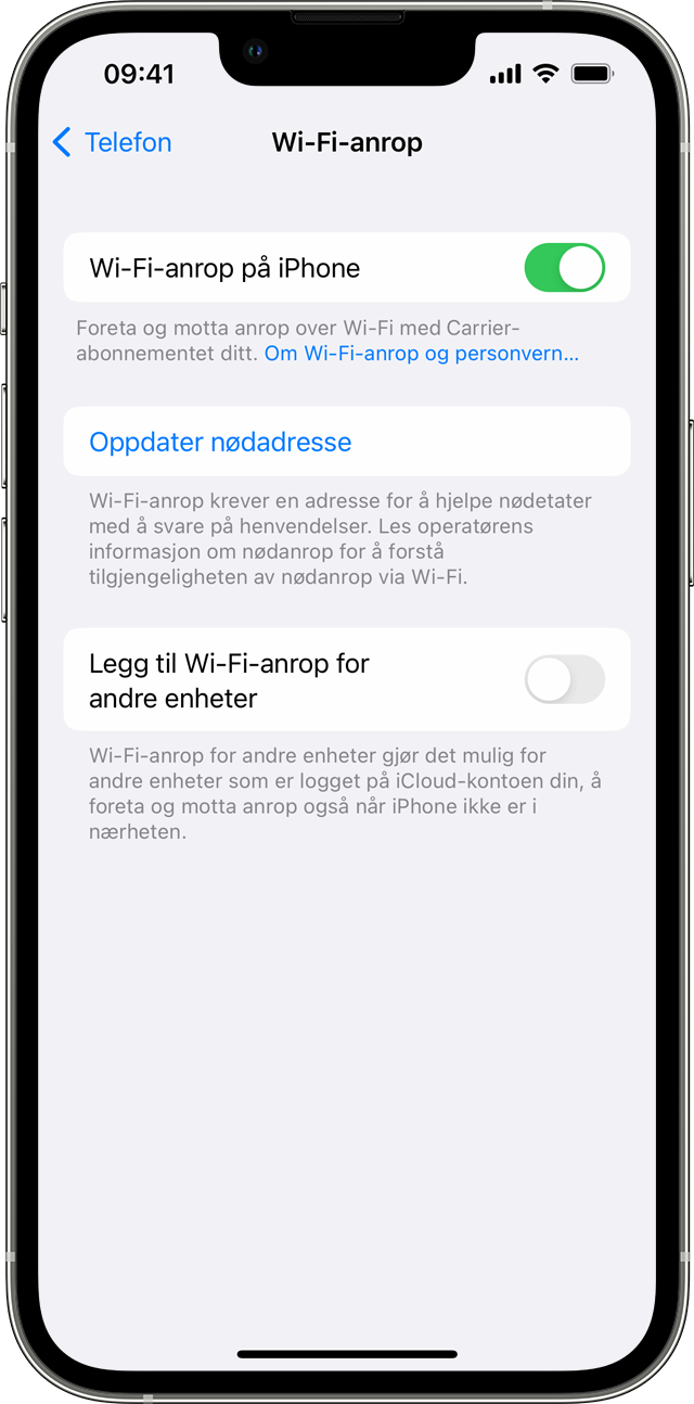 En iPhone som viser Wi-Fi-anropsskjermen og med Wi-Fi-anrop på denne telefonen slått på.