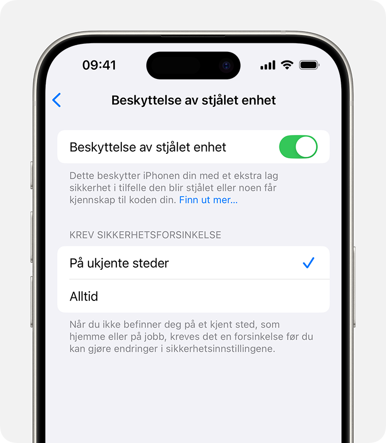 I Face ID og kode-innstillingene på iPhone kan du slå Beskyttelse av stjålet enhet på eller av, og du kan velge når ytterligere sikkerhetstiltak skal være påkrevd.