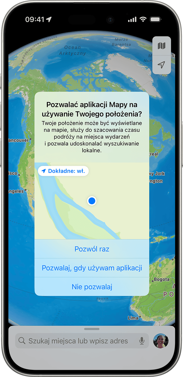 Aplikacja prosi o dostęp do Twojej lokalizacji, gdy używasz jej na iPhonie