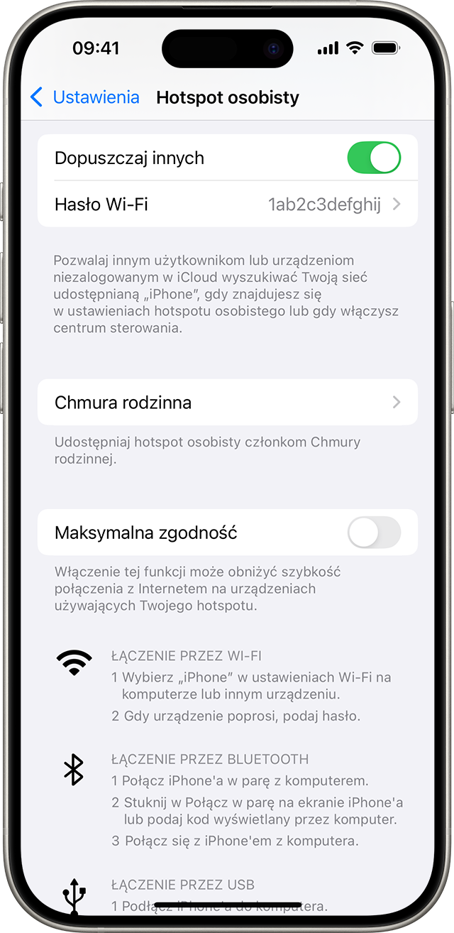 Ekran iPhone’a, na którym wyświetlone są ustawienia Hotspotu osobistego