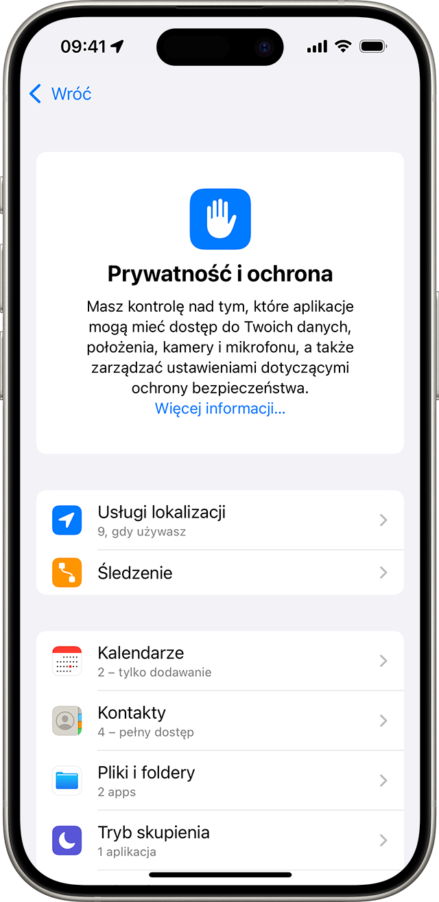 Ekran ustawień Prywatność i ochrona na iPhonie