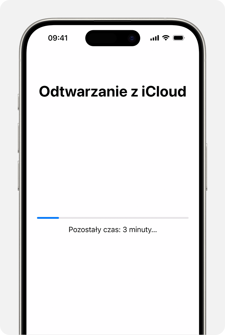 iPhone wyświetlający stan odtwarzania urządzenia z backupu w iCloud