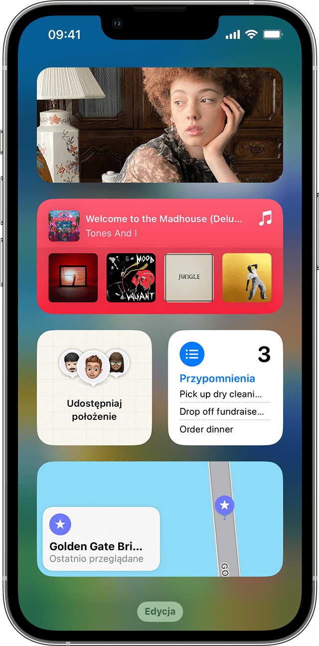 Ekran iPhone’a wyświetlający widżety w widoku Dzisiaj