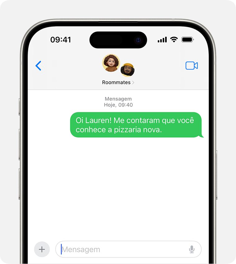 Em uma mensagem de MMS em grupo, alguém na mensagem está usando um dispositivo que não é iPhone e as mensagens aparecem em balões de texto verdes.