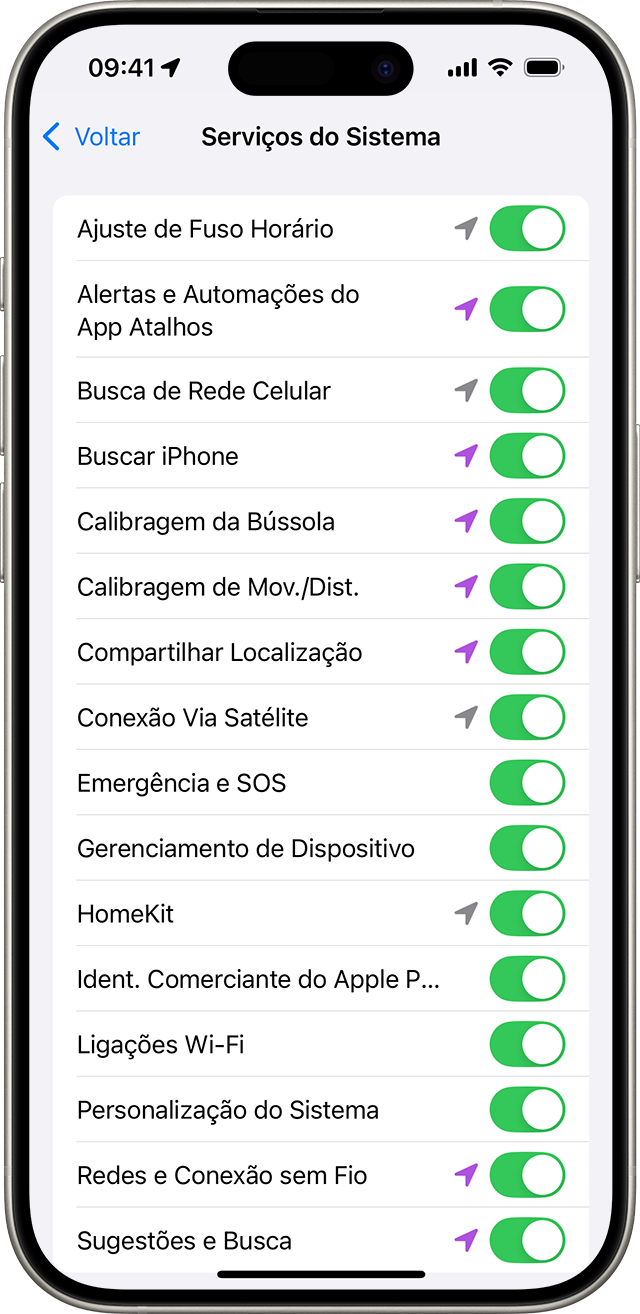 Ajuste "Serviços do Sistema" no iPhone