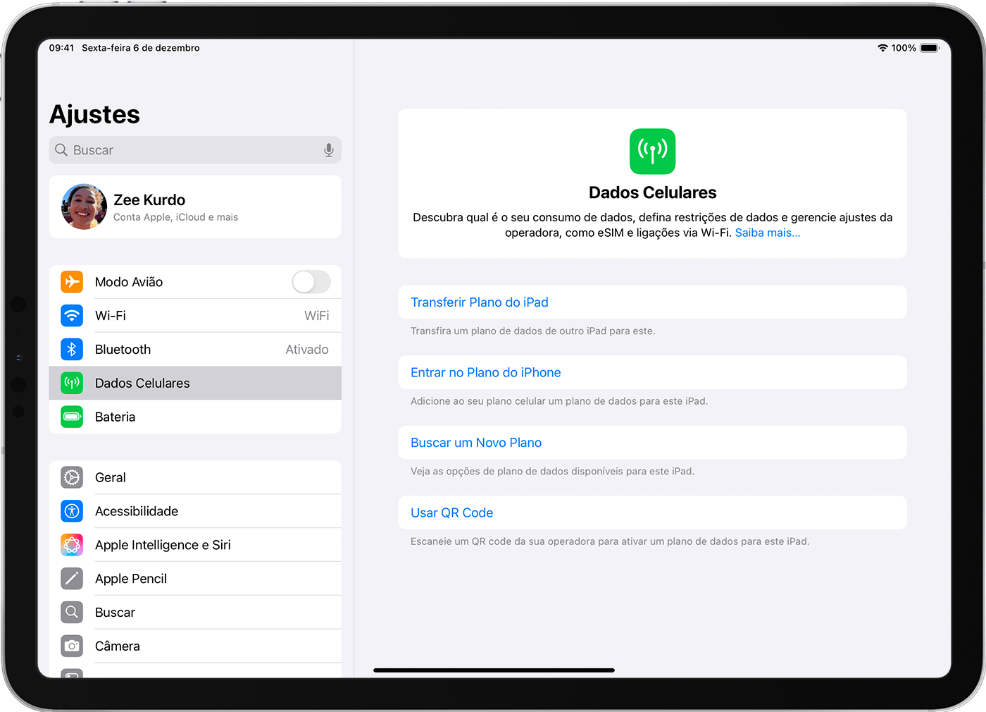 A tela do iPad Pro exibe opções de planos de dados celulares para configurar o eSIM.