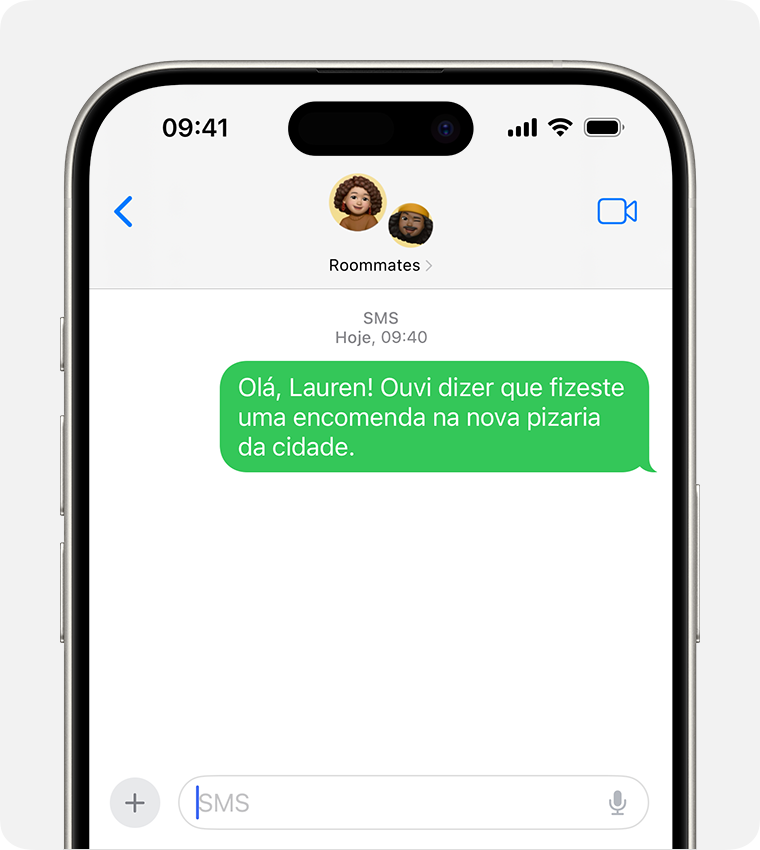 Numa mensagem MMS de grupo, alguém na mensagem está a utilizar um dispositivo que não é um iPhone e as mensagens aparecem em balões de texto verdes.