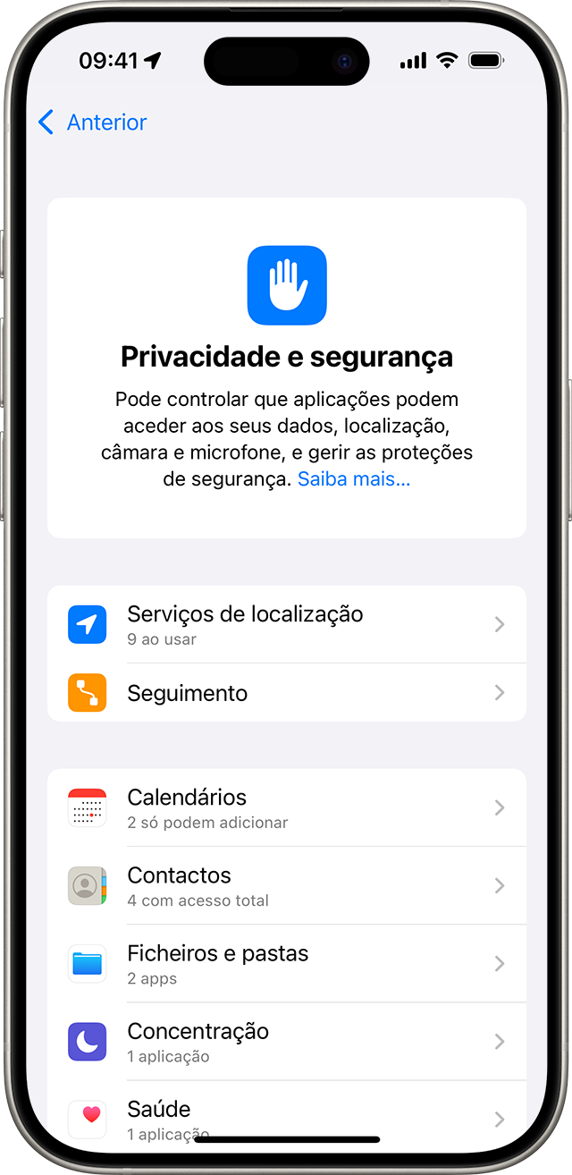 Ecrã de definições de privacidade e segurança no iPhone