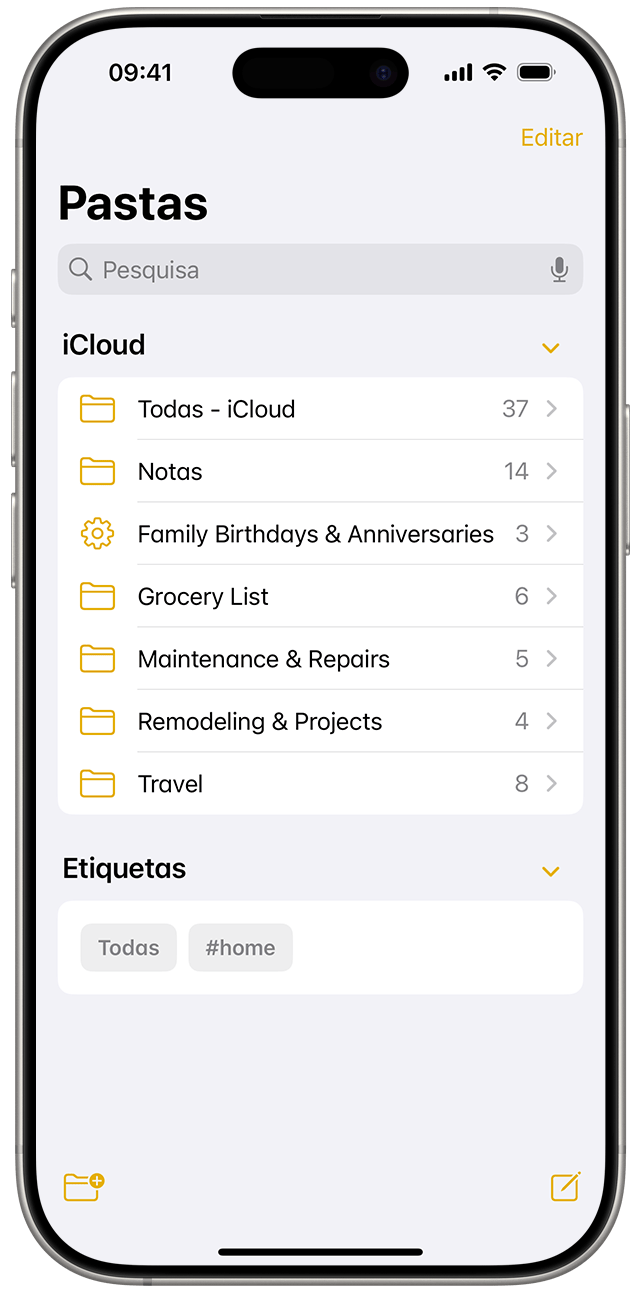 Na app Notas no iOS 18, pode ver todas as etiquetas e pastas em simultâneo.