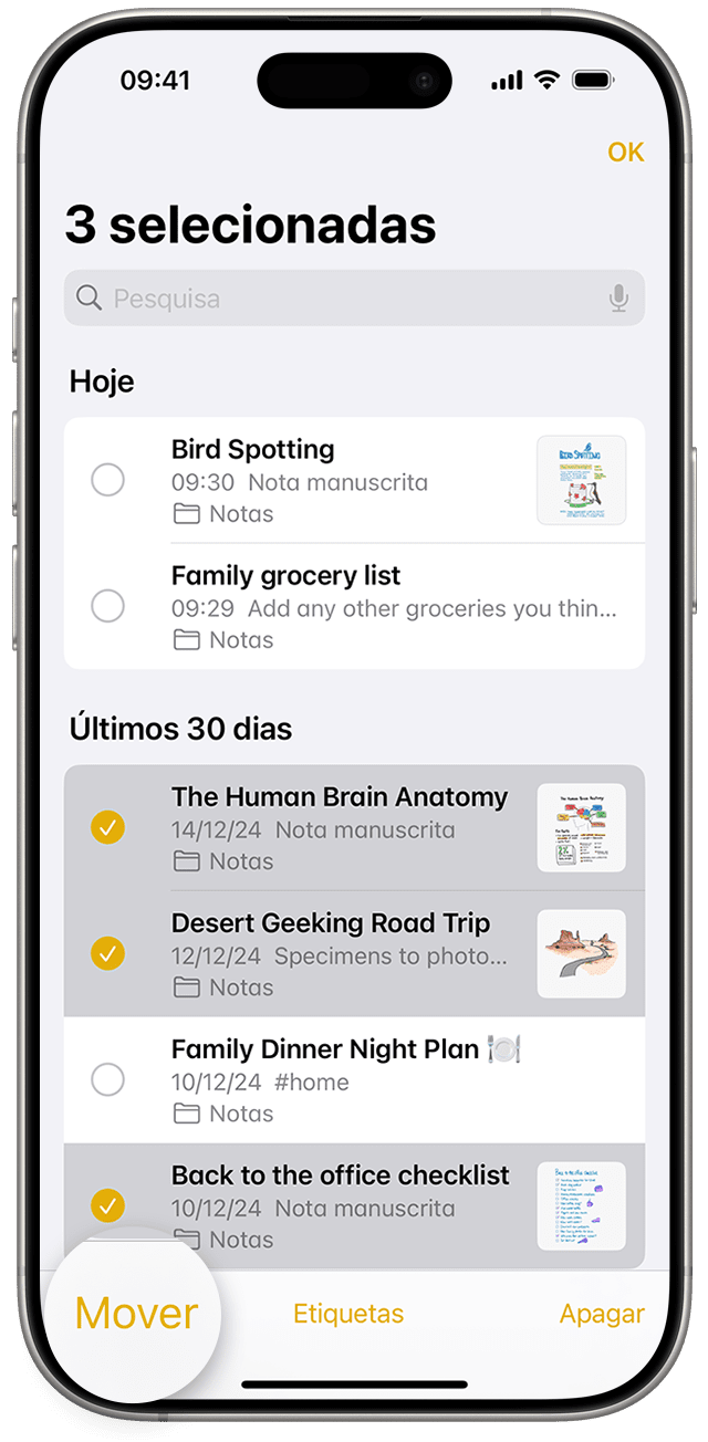 Para mover notas para pastas diferentes, aceda à lista de Notas e toque nas notas que pretende mover.