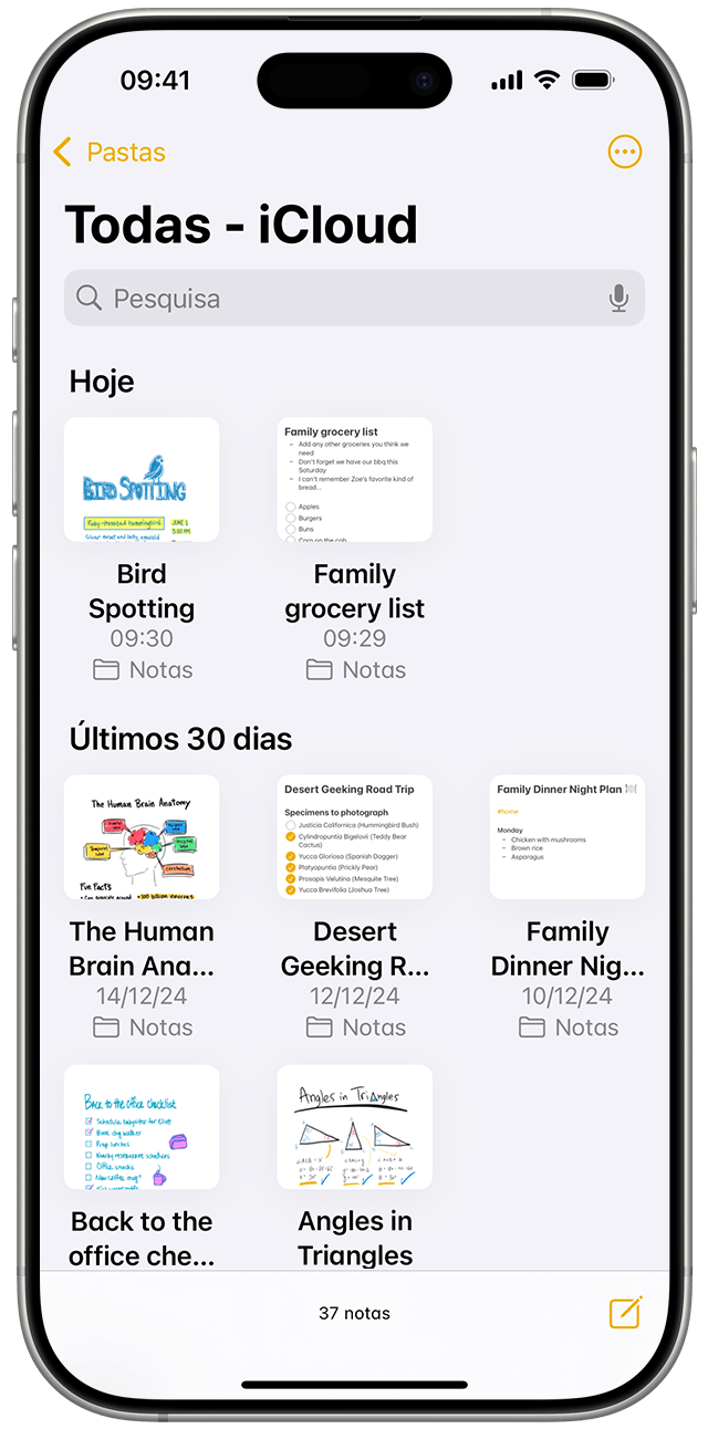 A vista Galeria na app Notas no iOS 18.