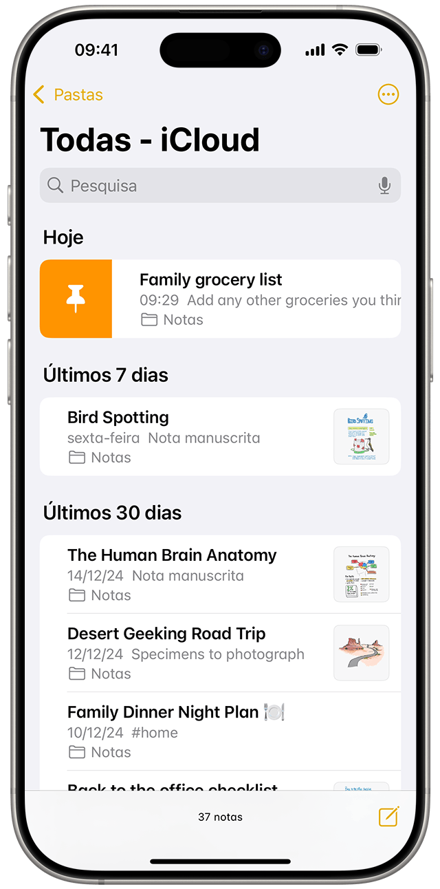 Para afixar uma nota no iOS, passe o dedo para a direita sobre a nota e, em seguida, solte.