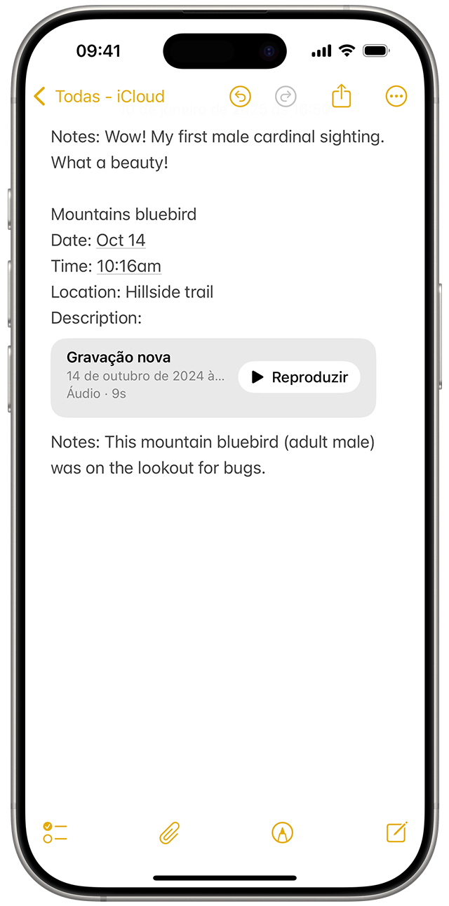 Quando grava áudio na app Notas no iOS 18, a gravação é apresentada como um anexo na nota aberta.