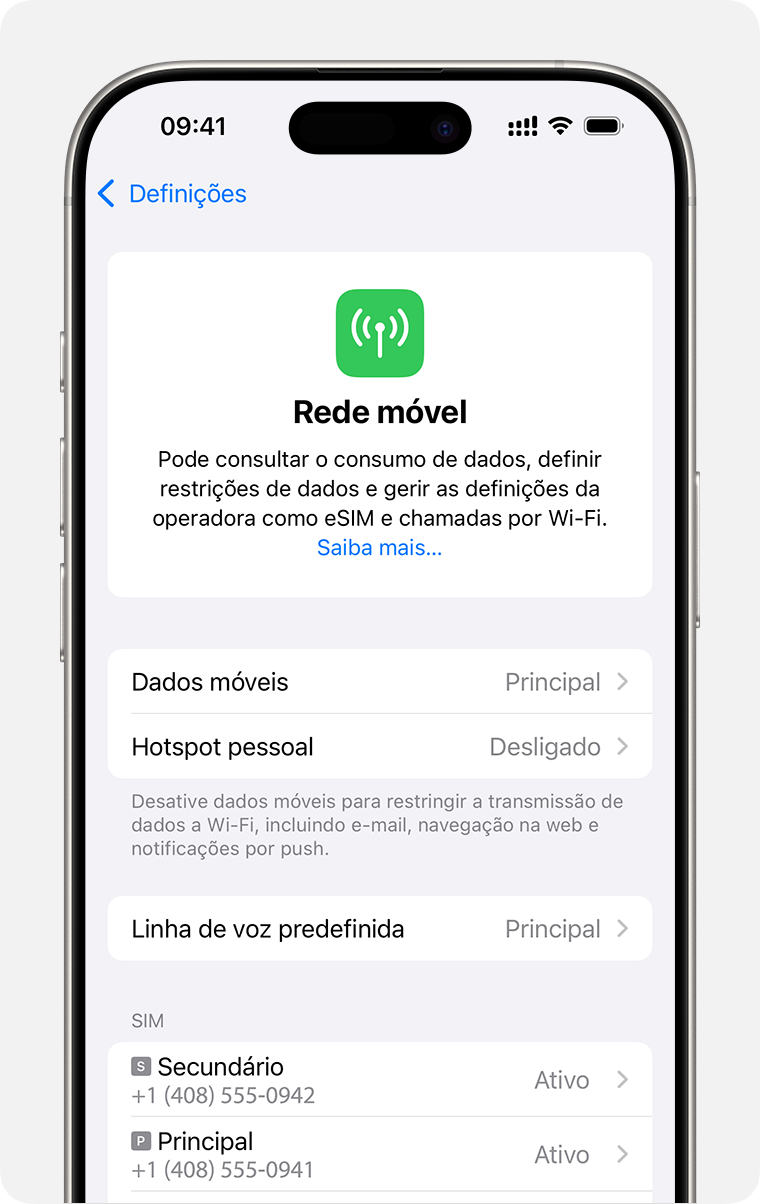 Ecrã do iPhone para gerir as definições de dados móvel para cada um dos seus planos