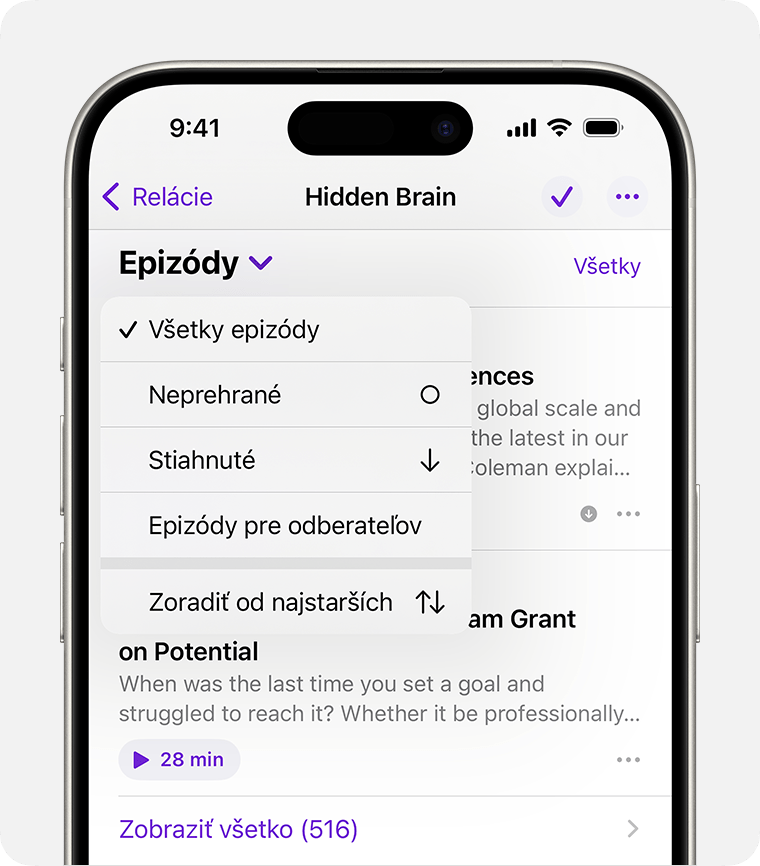 Zobrazená stránka relácie podcastu na iPhone. Pod bannerom relácie je vybratá rozbaľovacia šípka nadol s nápisom Epizódy. V menu Epizódy sa zobrazujú možnosti Všetky epizódy, Neprehrané, Stiahnuté a Epizódy pre odberateľov. Vybratá možnosť je Všetky epizódy.