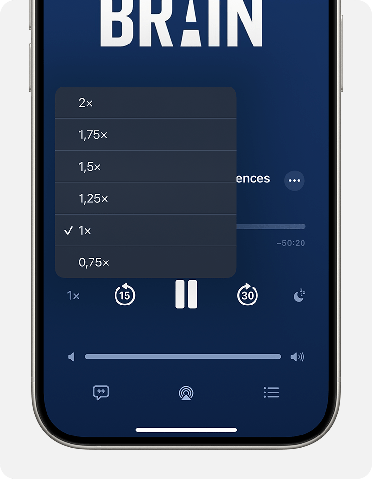 Zobrazený miniprehrávač pre podcasty na iPhone. V blízkosti ľavého dolného rohu prehrávača je vybraté tlačidlo Rýchlosť prehrávania, ktoré vyzerá ako „1x“, a menu Rýchlosť prehrávania je otvorené. V menu sú možnosti 2x, 1,75x, 1,5x, 1,25x, 1x a 0,75x. Vybratá možnosť je 1x.