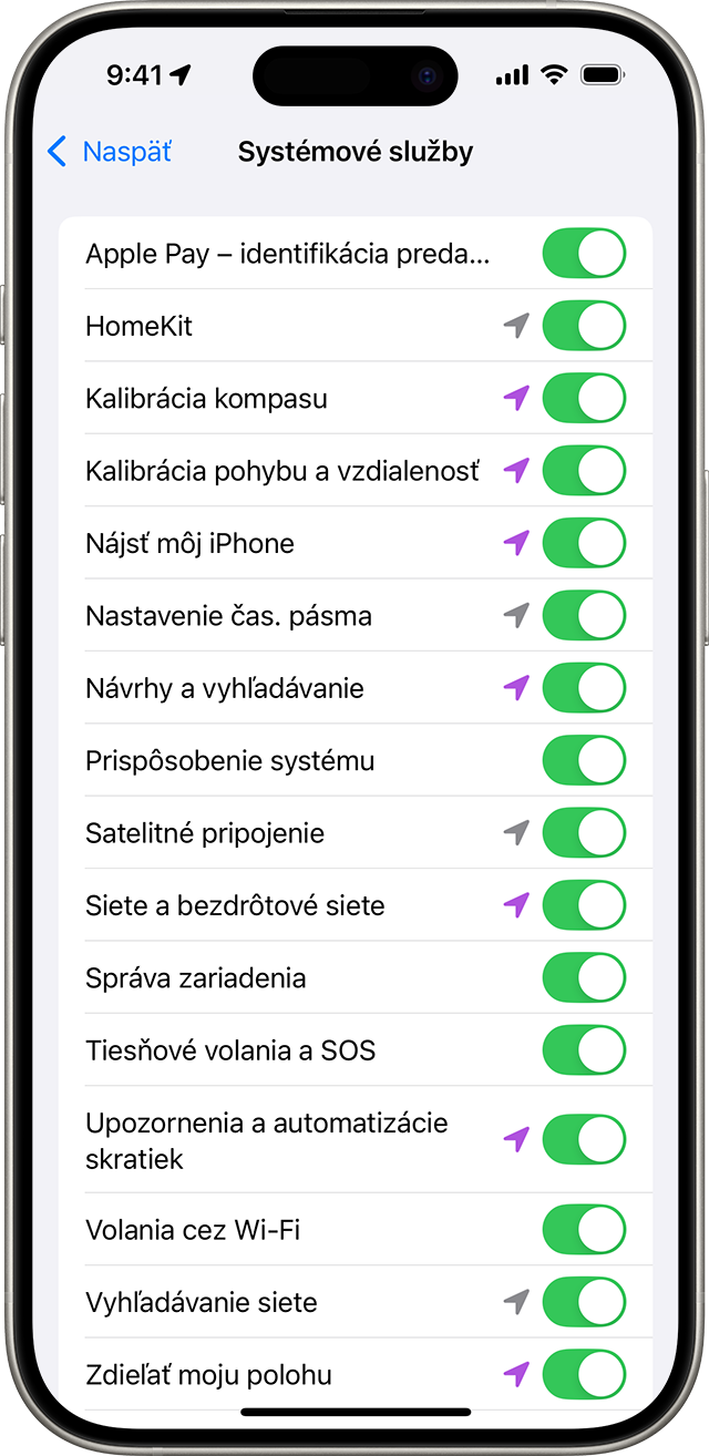 Nastavenie Systémové služby na iPhone