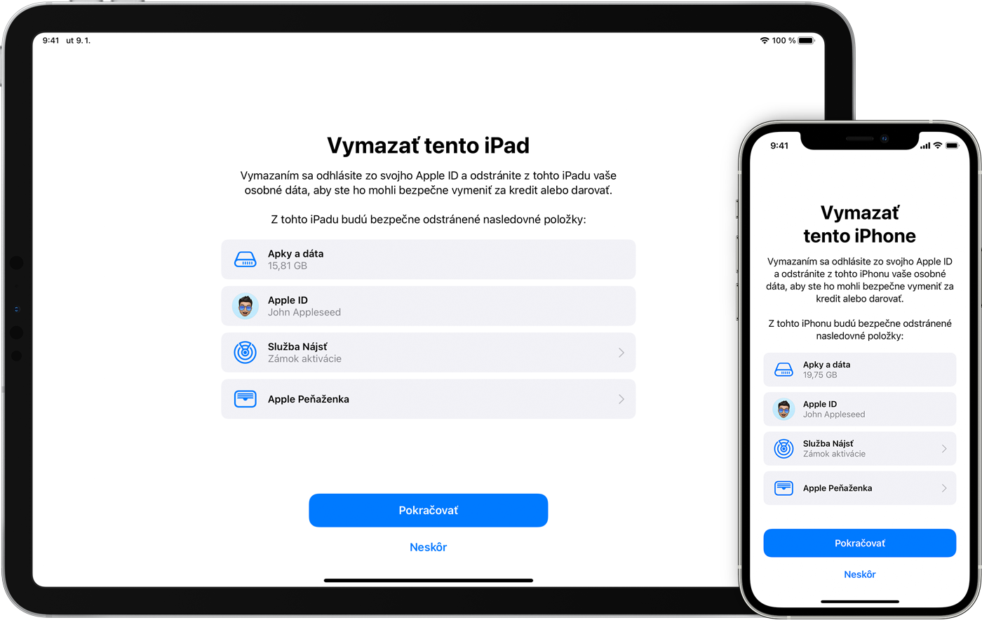 iPad a iPhone so zobrazenými položkami, ktoré boli odstránené pri vymazaní zariadenia