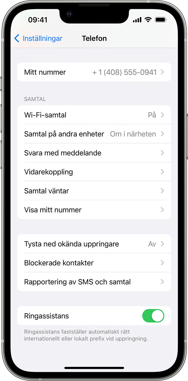 En iPhone som visar telefonskärmen, med Wi-Fi-samtal aktiverat.