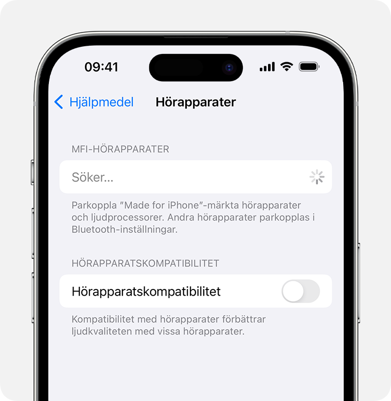 Inställningar för hörapparater när du söker efter MFi-hörapparater