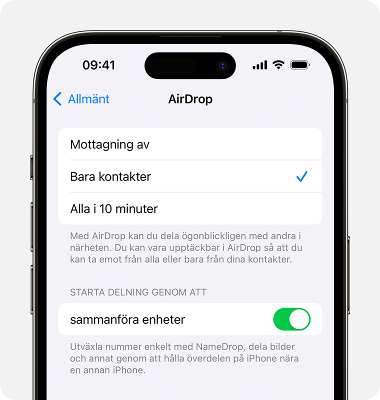 En iPhone som visar AirDrop-inställningar med Endast kontakter valt.