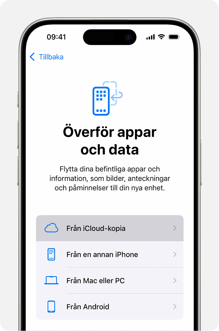 En iPhone som visar Från iCloud-säkerhetskopia som det valda alternativet