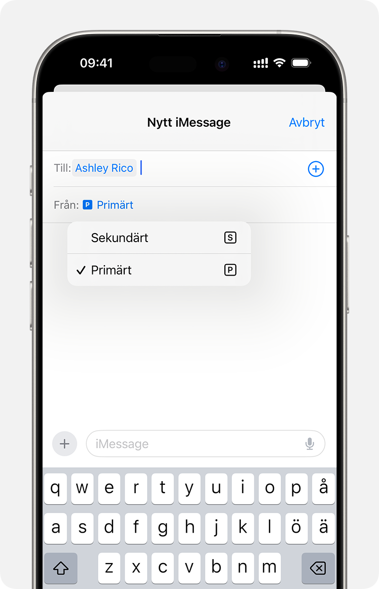 Val av telefonlinje som iMessage- eller SMS-/MMS-/RCS-meddelanden ska skickas från vid dubbla eSIM-kort